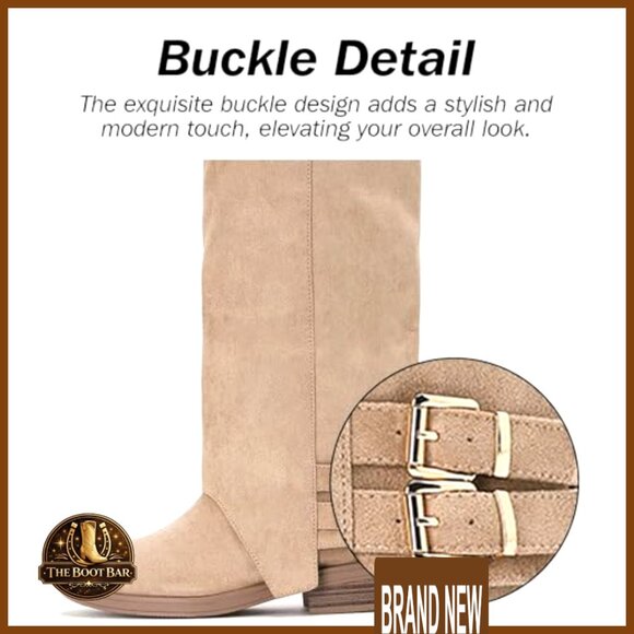 Faux Suede Fold Over Knee High Boots Classic Round Toe Block Heel Chic Vintage - Picture 4 of 7